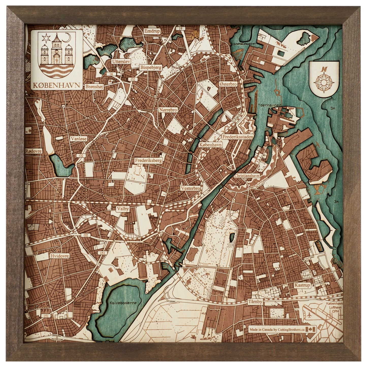 Kopenhagen | 3D-Holzkarte aus Holz von Cutting Brothers als Wandbild
