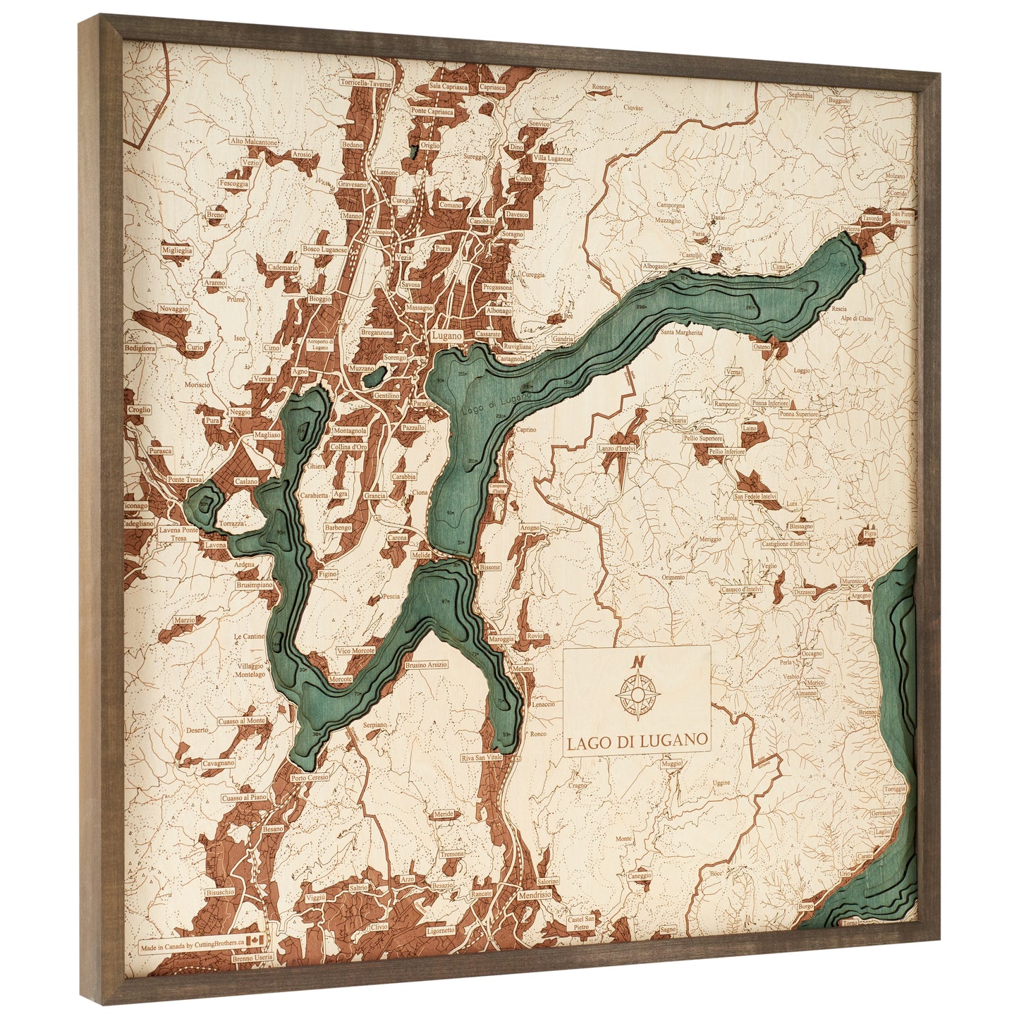 Luganer See | 3D-Holzkarte aus Holz von Cutting Brothers als Wandbild