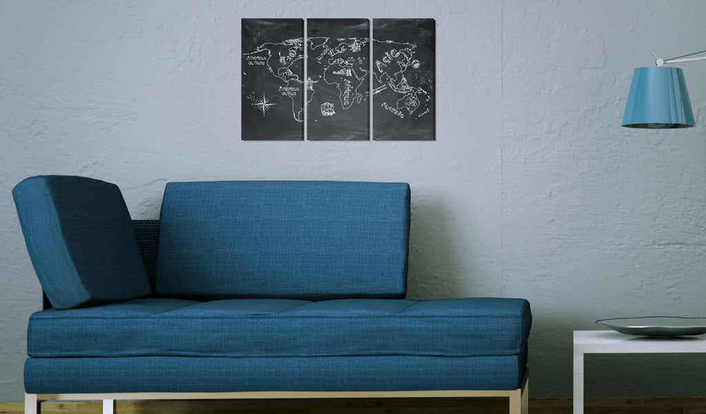 Weltkarte als Leinwandbild - Wandbild - Erdkundeunterricht (in französischer Sprache) - Triptychon