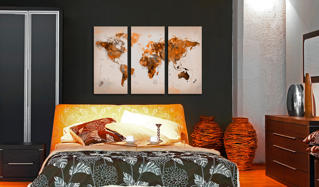 Weltkarte als Leinwandbild - Wandbild - Map of the World - Desert storm - triptych