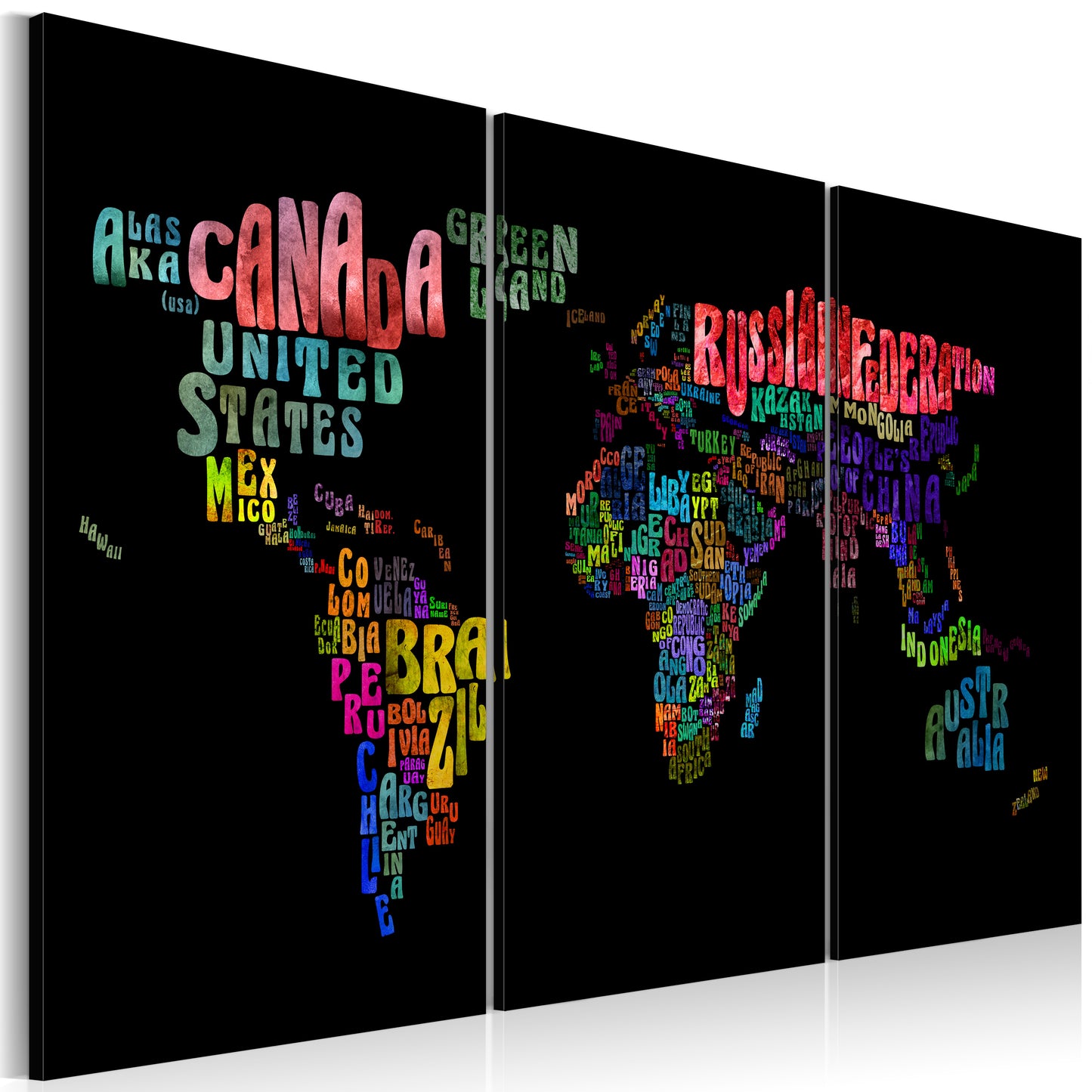 Weltkarte als Leinwandbild - Wandbild - Ländernamen - Triptychon