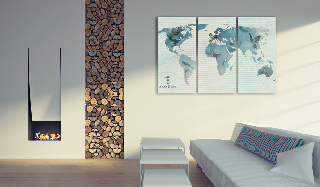 Weltkarte als Leinwandbild - Wandbild - Vögelmigrationen - Triptychon
