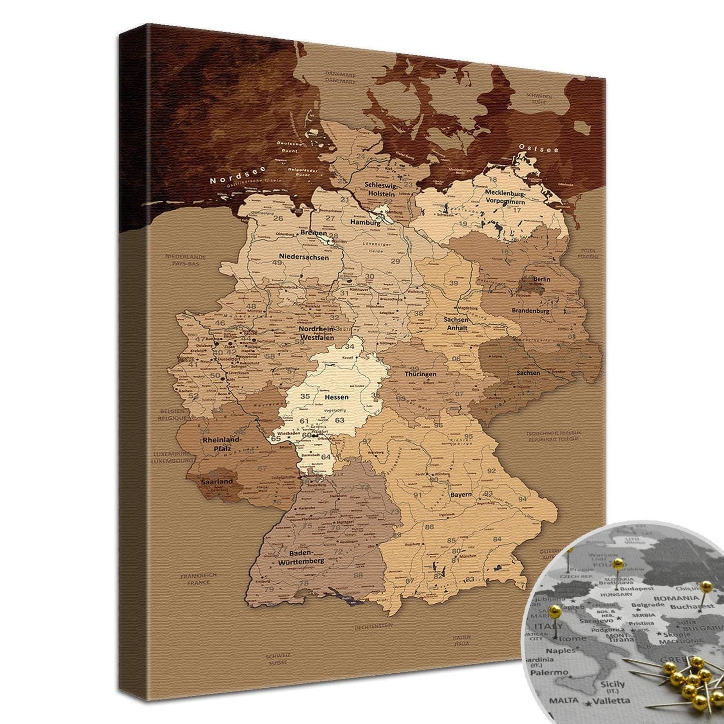 Leinwandbild - Deutschlandkarte Antik - Pinnwand, Deutsch|Canvas Art - Germany Map Antik - Pinboard, German
