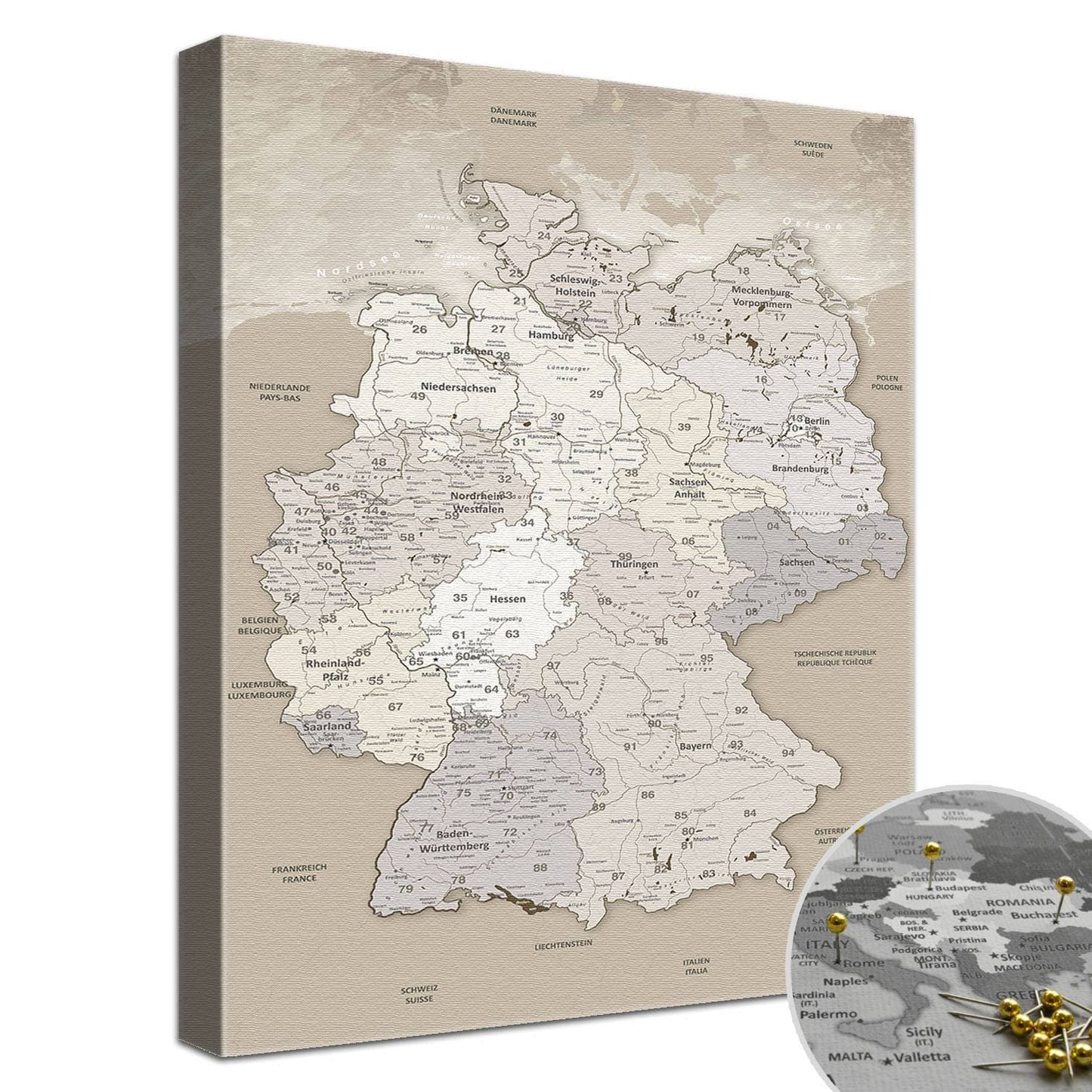 Leinwandbild - Deutschlandkarte Beige - Pinnwand, Deutsch|Canvas Art - Germany Card Beige - Pinboard, German