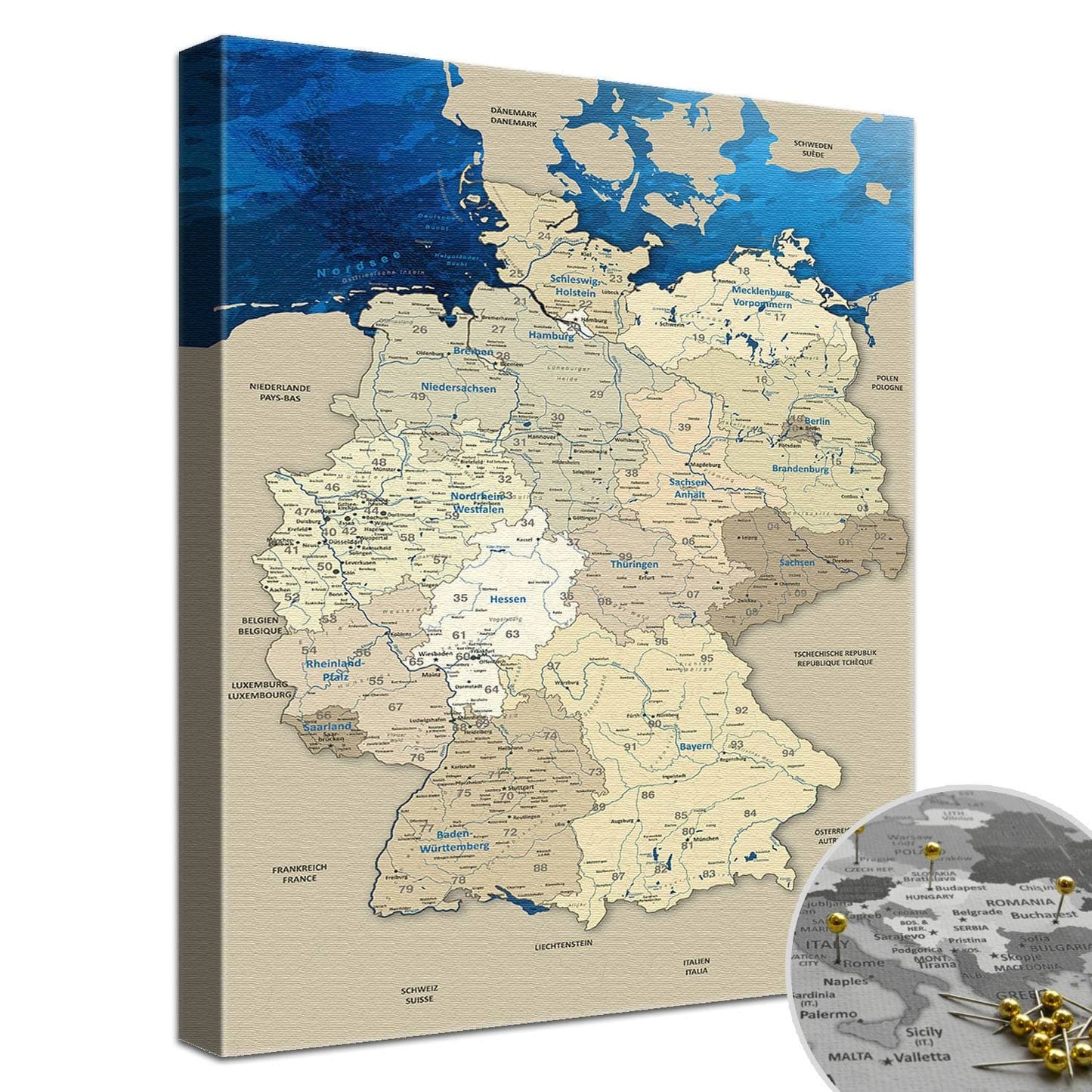 Leinwandbild - Deutschlandkarte Blue Ocean  - Pinnwand, Deutsch|Canvas Art - Germany Card Blue Ocean - Pinboard, German