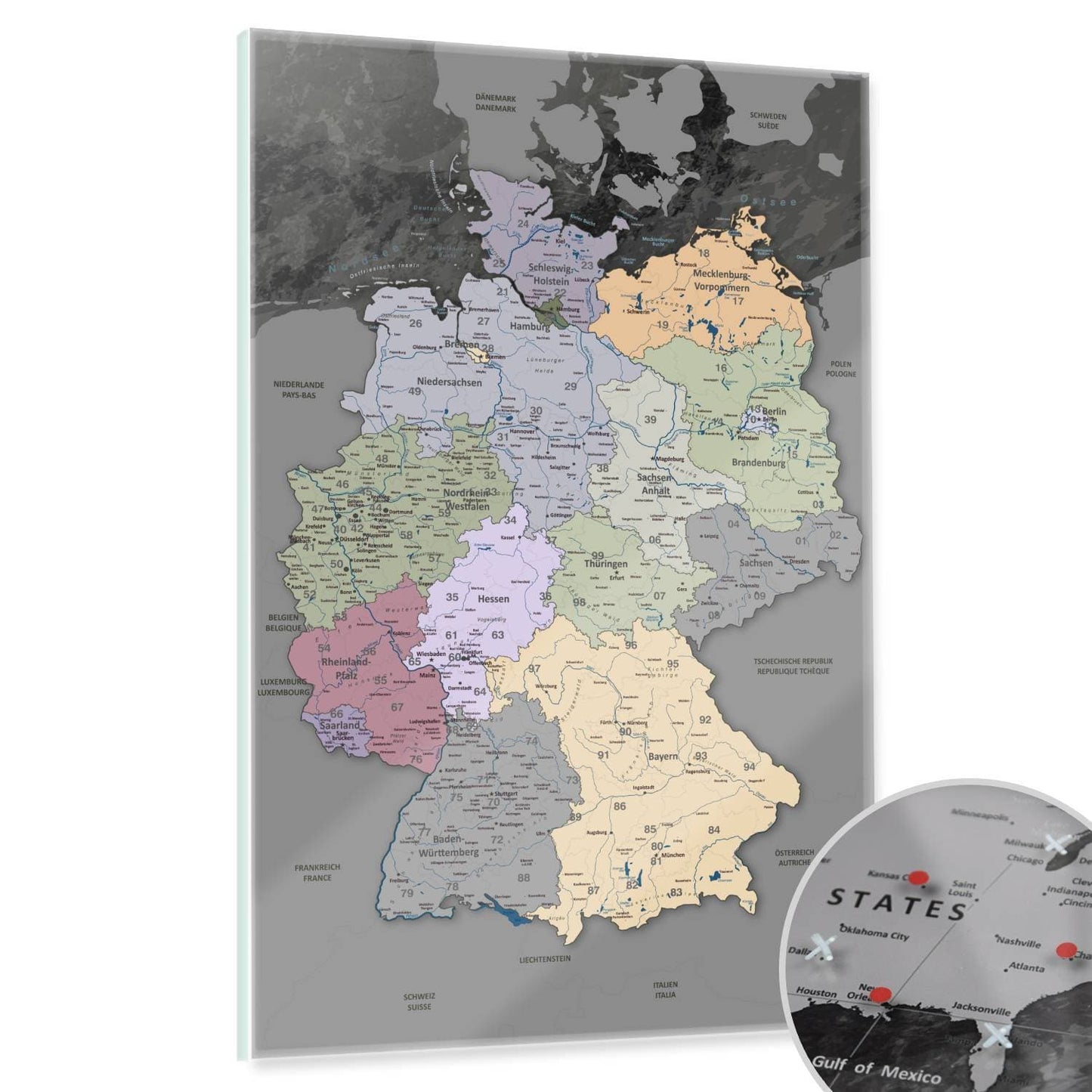 Glasbild - Deutschlandkarte Edelgrau - Deutsch|Glass Picture - Germany Map Noble Gray - German