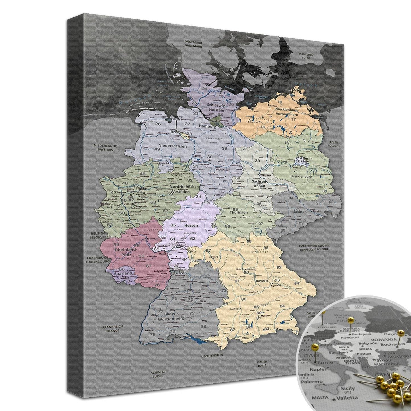 Leinwandbild - Deutschlandkarte Edelgrau - Pinnwand, Deutsch|Canvas Art - Germany Card Noble Grey - Pinboard, German