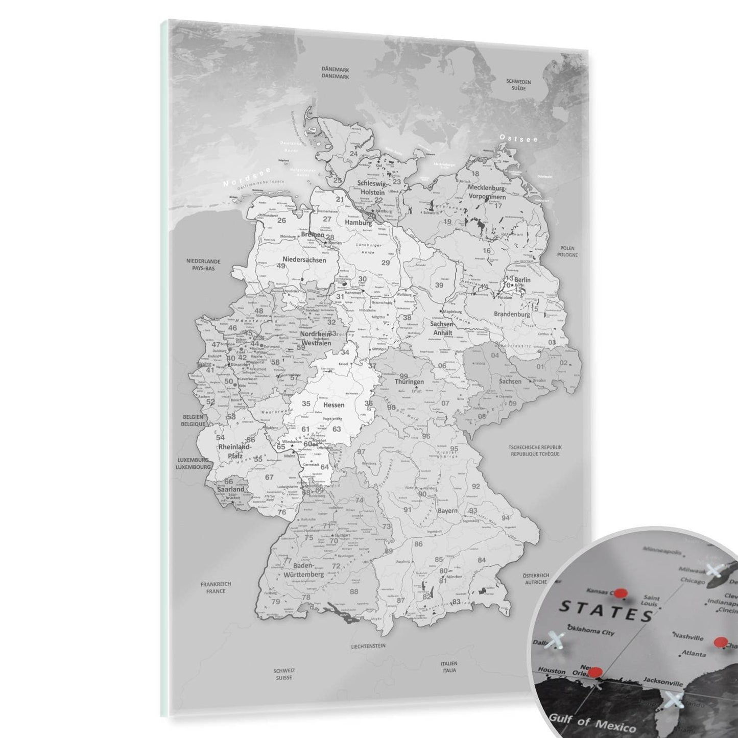 Glasbild - Deutschlandkarte Hellgrau- Deutsch|Glass Picture - Germany Map Light Gray - German