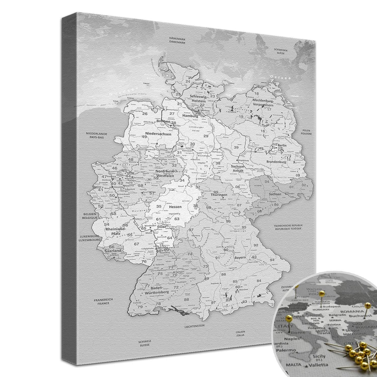 Leinwandbild - Deutschlandkarte Hellgrau - Pinnwand, Deutsch|Canvas Art - Germany Map Light Gray - Pinboard, German