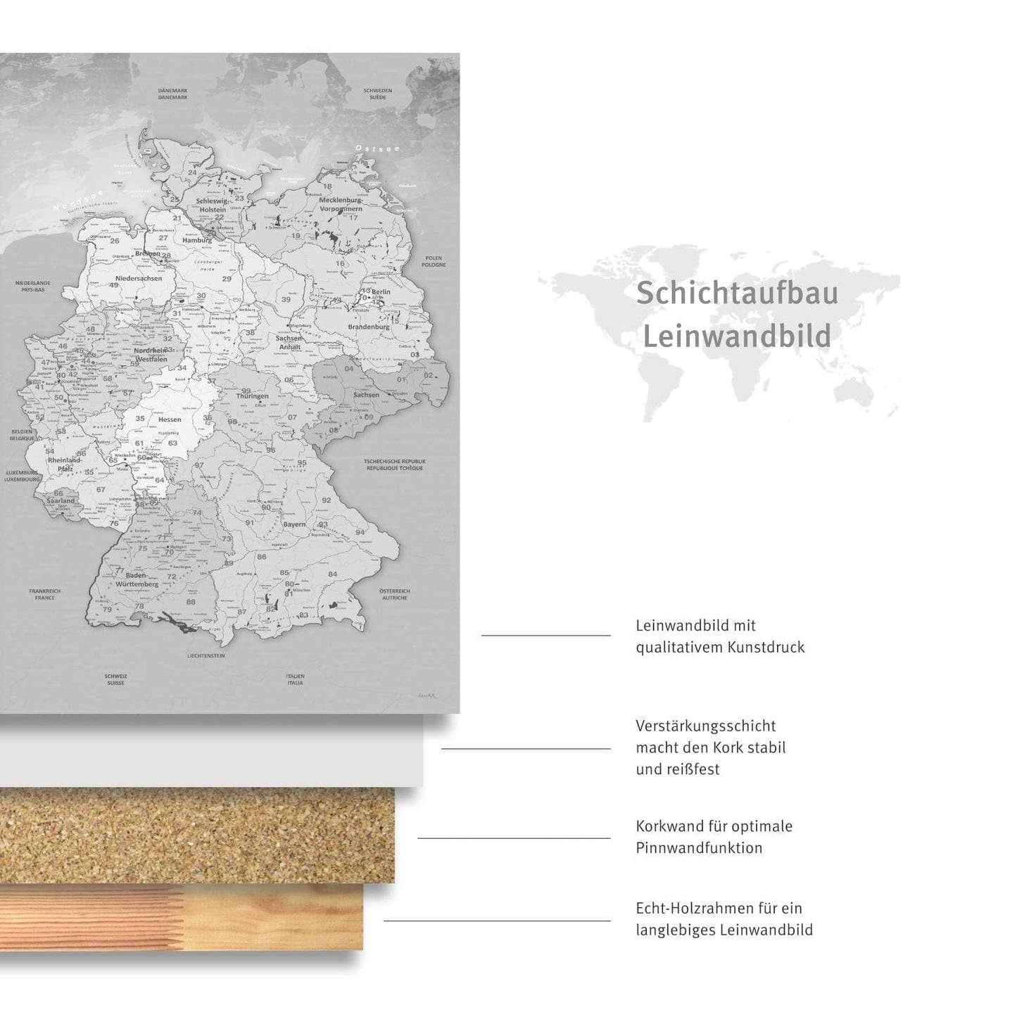 Leinwandbild - Deutschlandkarte Hellgrau - Pinnwand, Deutsch|Canvas Art - Germany Map Light Gray - Pinboard, German