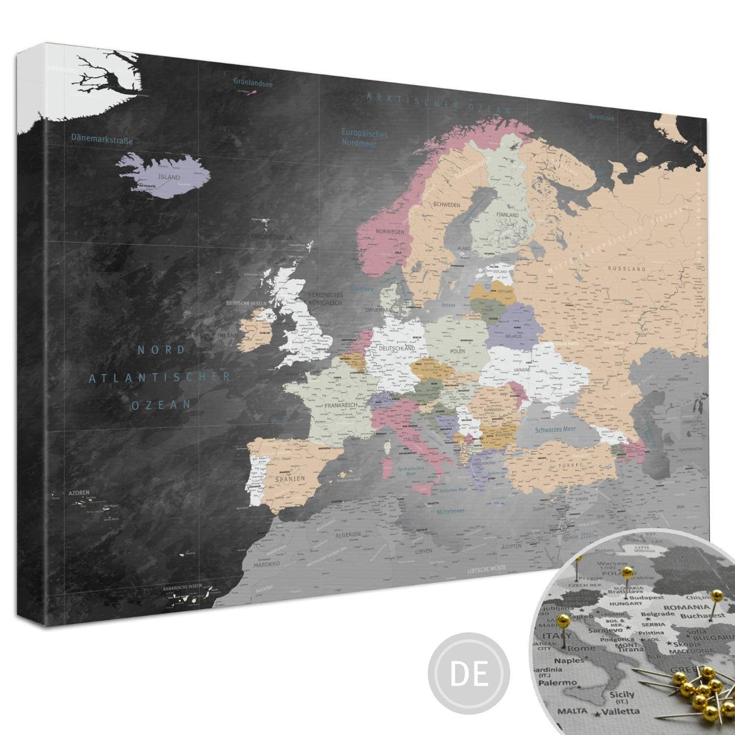 Leinwandbild - Europakarte Schiefergrau - Pinnwand, Deutsch|Canvas Art - Europe Map Slate Gray- Pinboard, German