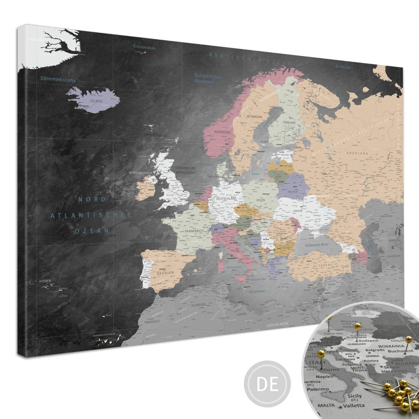 Deine Europakarte Schiefergrau als Premiumleinwand mit 2 cm breiten Rahmen.