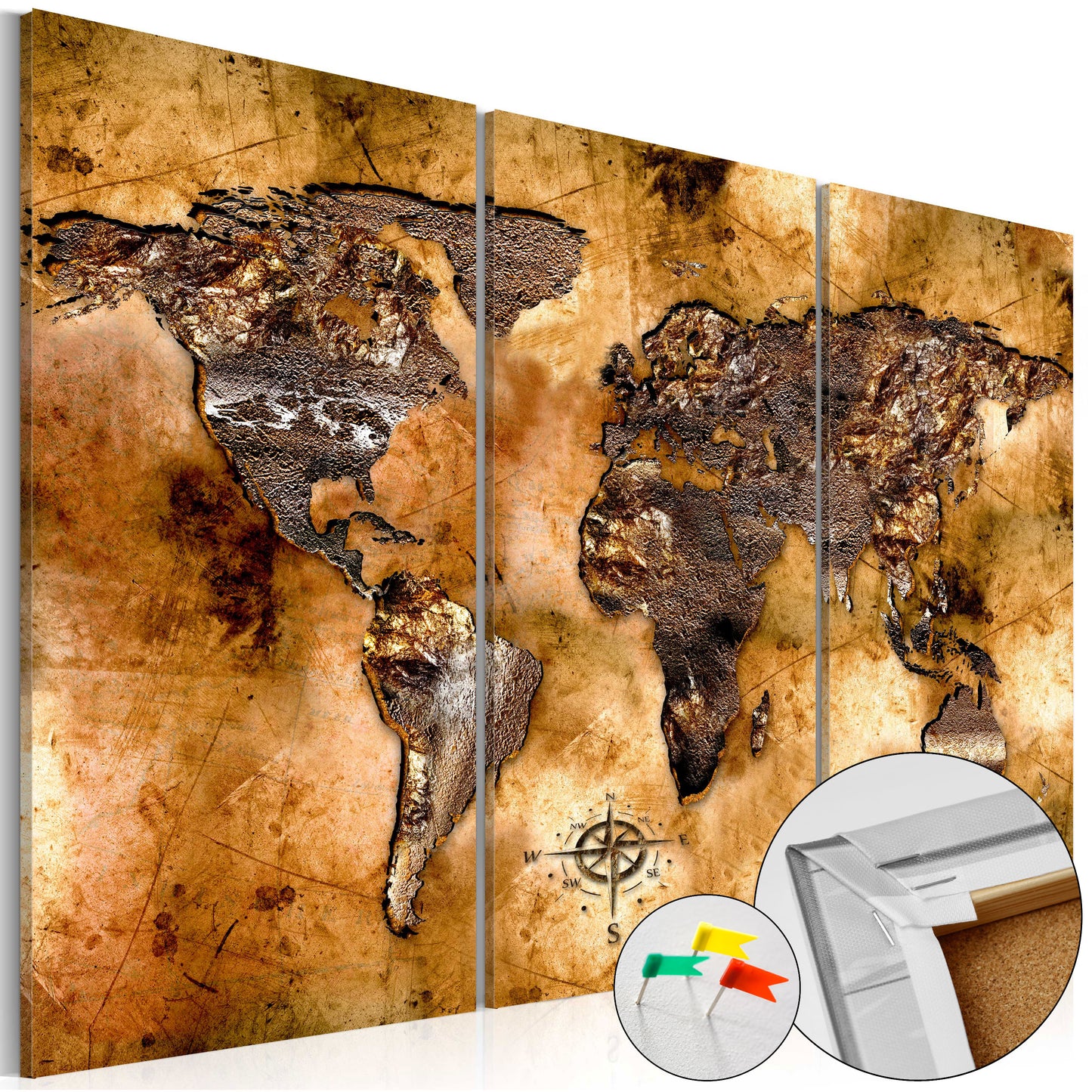 Pinnwand - Weltkarte Shade of Gold (3-teilig) - WELTKARTEN24