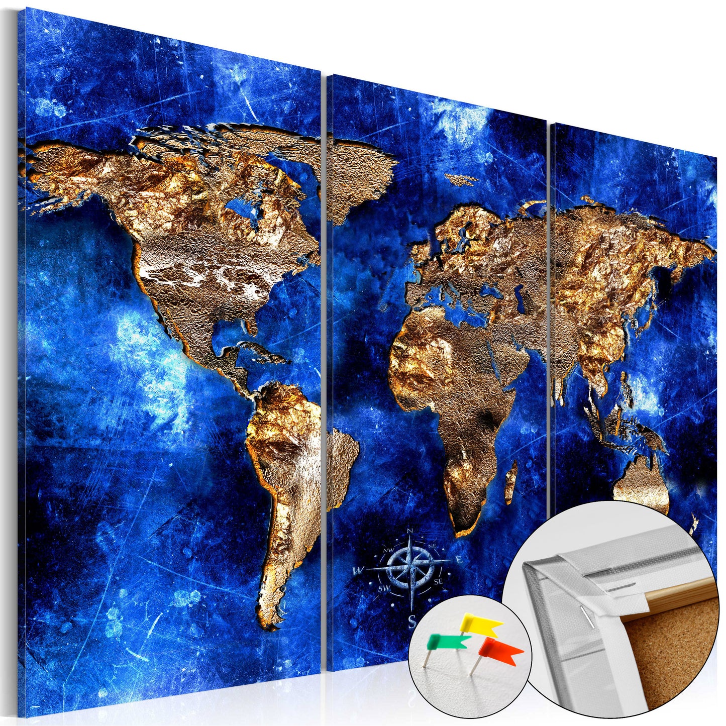 Pinnwand - Weltkarte Golden Continents (3-teilig) - WELTKARTEN24
