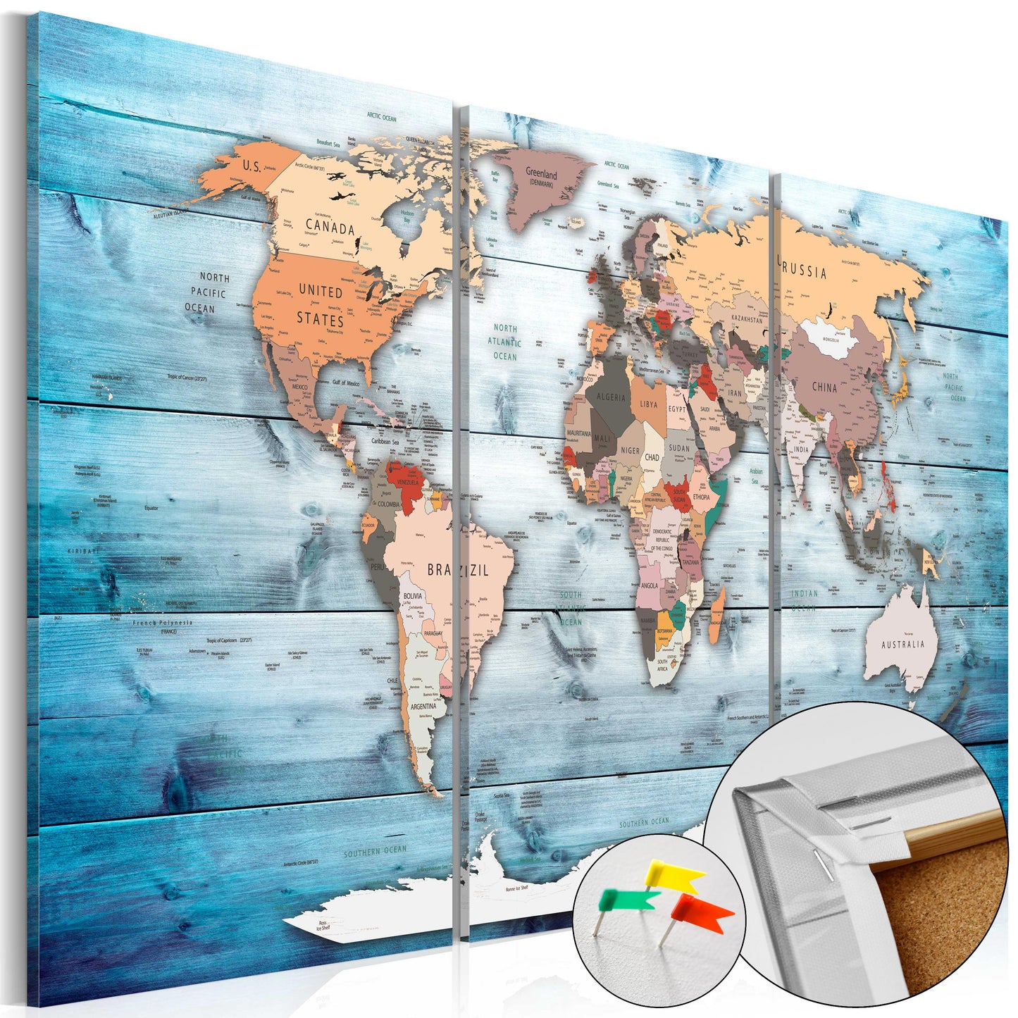 Pinnwand - Weltkarte Sapphire Travels (3-teilig) - WELTKARTEN24