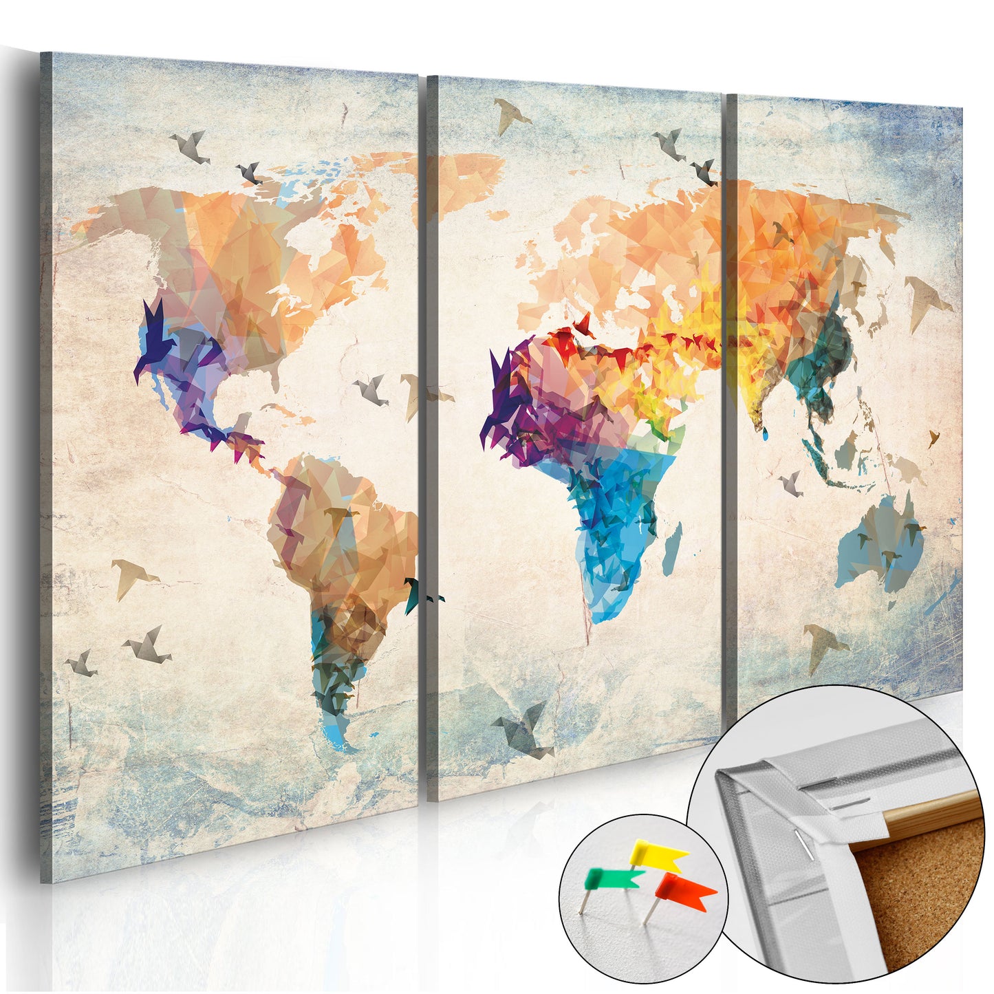 Pinnwand - Weltkarte Free as a bird (3-teilig) - WELTKARTEN24