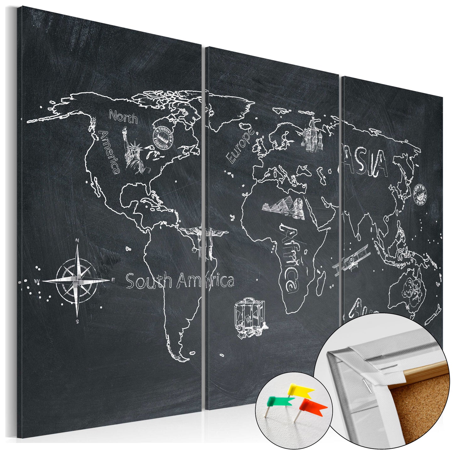 Pinnwand - Weltkarte Travel broadens the mind (3-teilig) - WELTKARTEN24