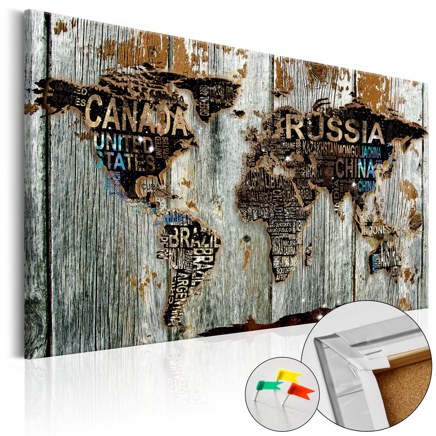 Pinnwand - Weltkarte Wooden Border - WELTKARTEN24