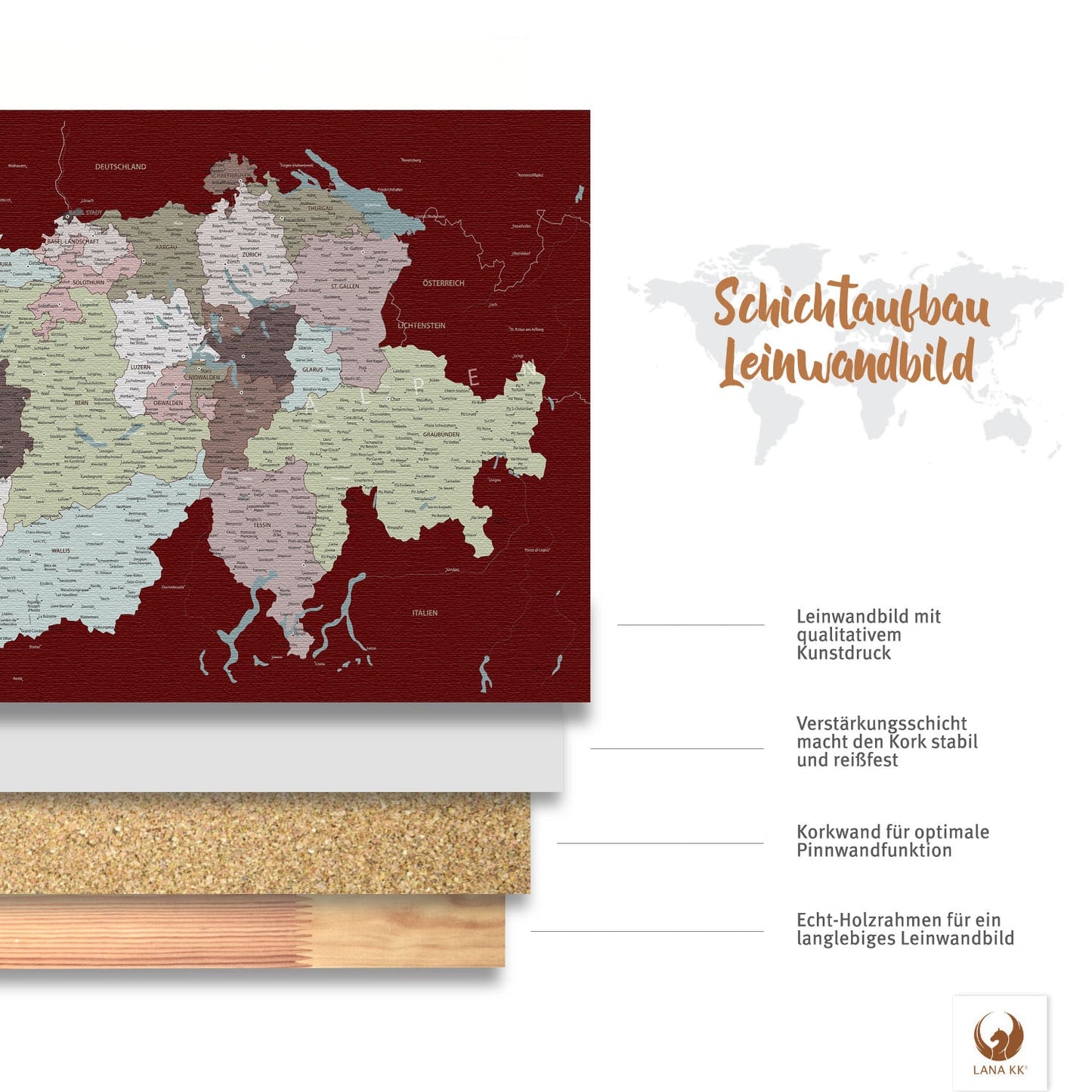 Deine Schweizkarte Kolonialrot ist stabil konstruiert und ist optimal zum Pinnen Deiner Reiseziele.
