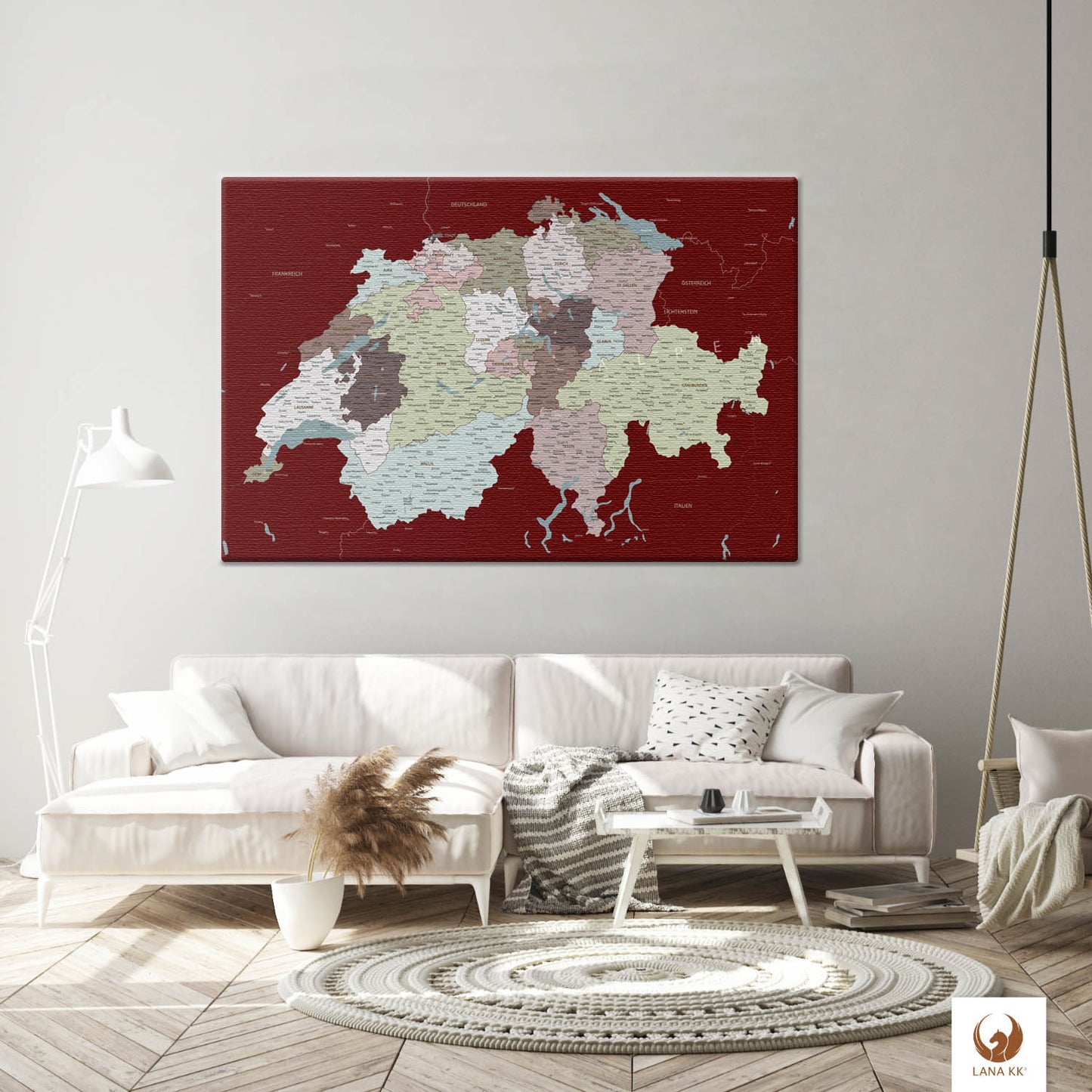 Die Welt als Zentrum Deiner Wohnung. Deine Schweizkarte Kolonialrot für sich mit ihren ausgewogenen Farben ideal in Dein Wohnkonzept ein.