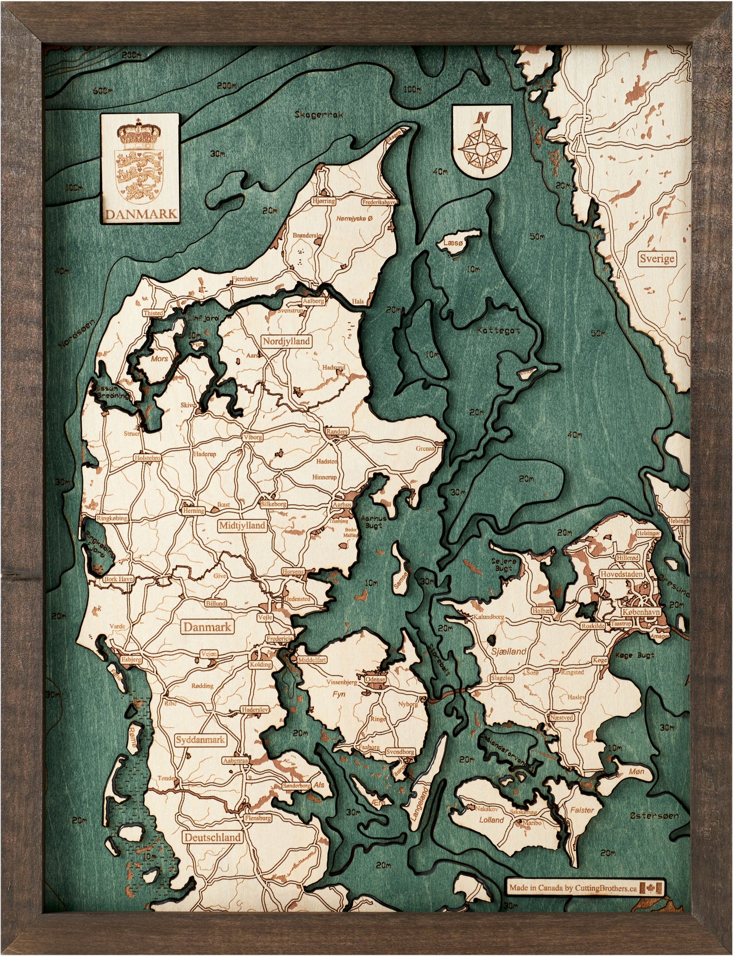 Dänemark | 3D-Holzkarte aus Holz von Cutting Brothers als Wandbild