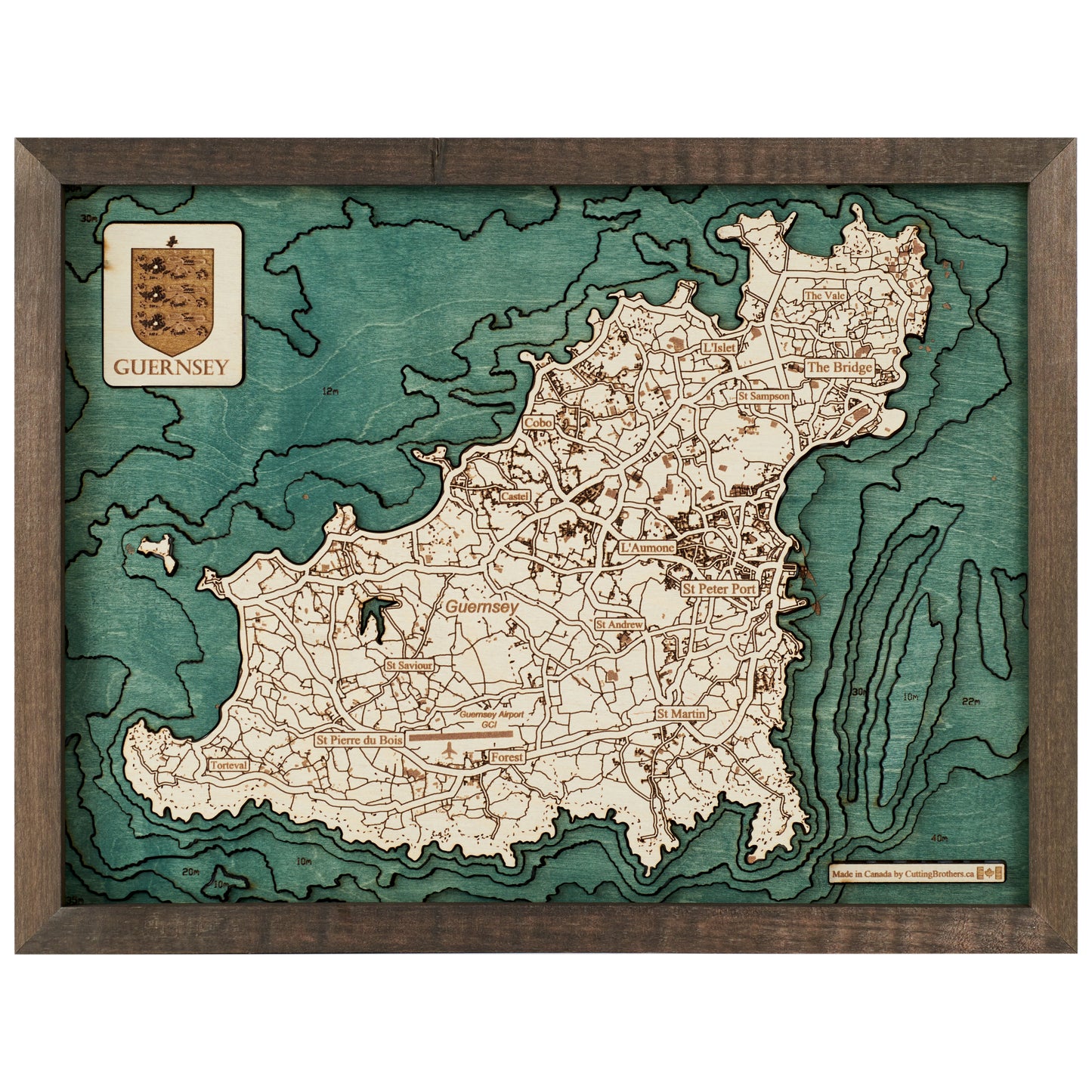 Guernsey | 3D-Holzkarte aus Holz von Cutting Brothers als Wandbild