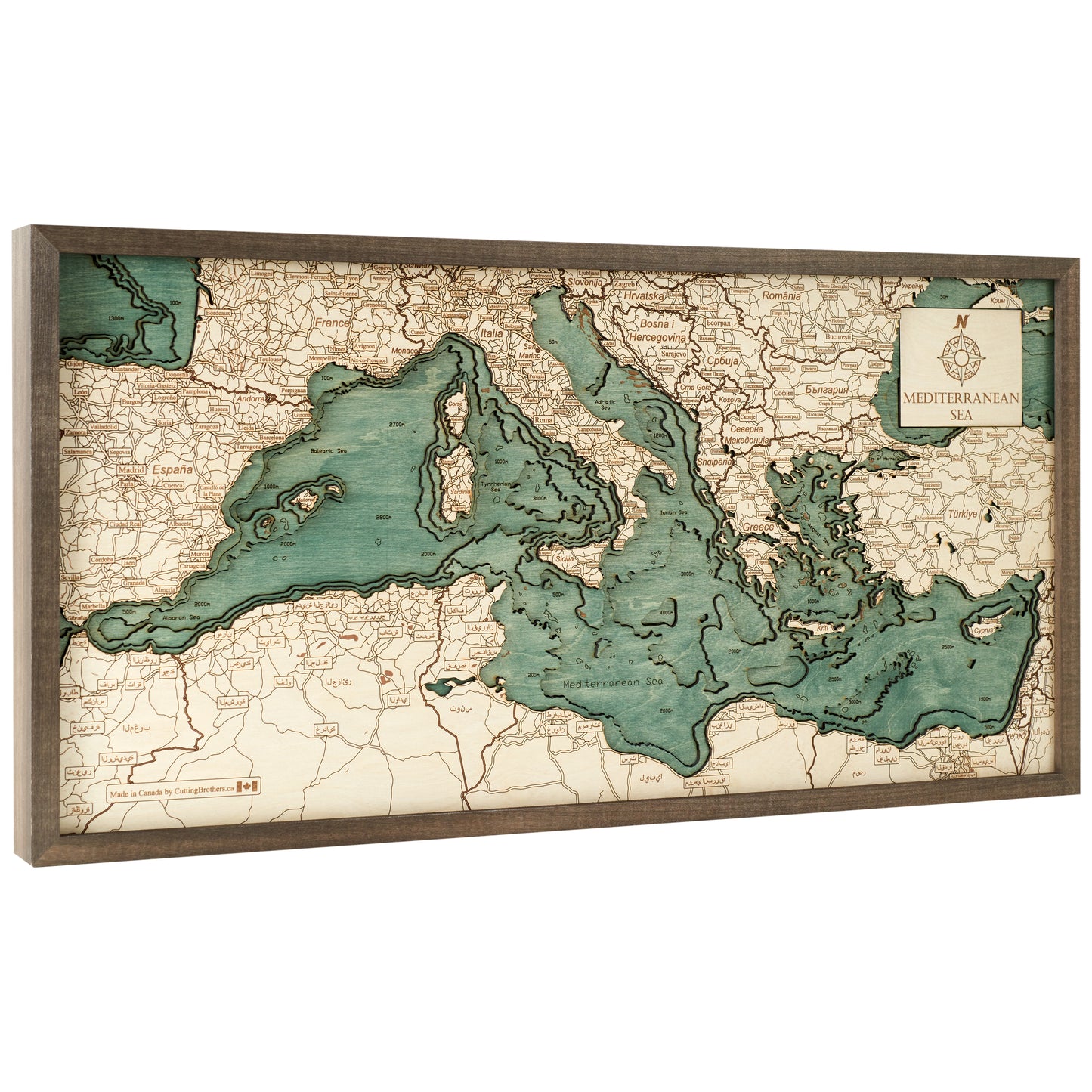 Mittelmeer | 3D-Holzkarte aus Holz von Cutting Brothers als Wandbild