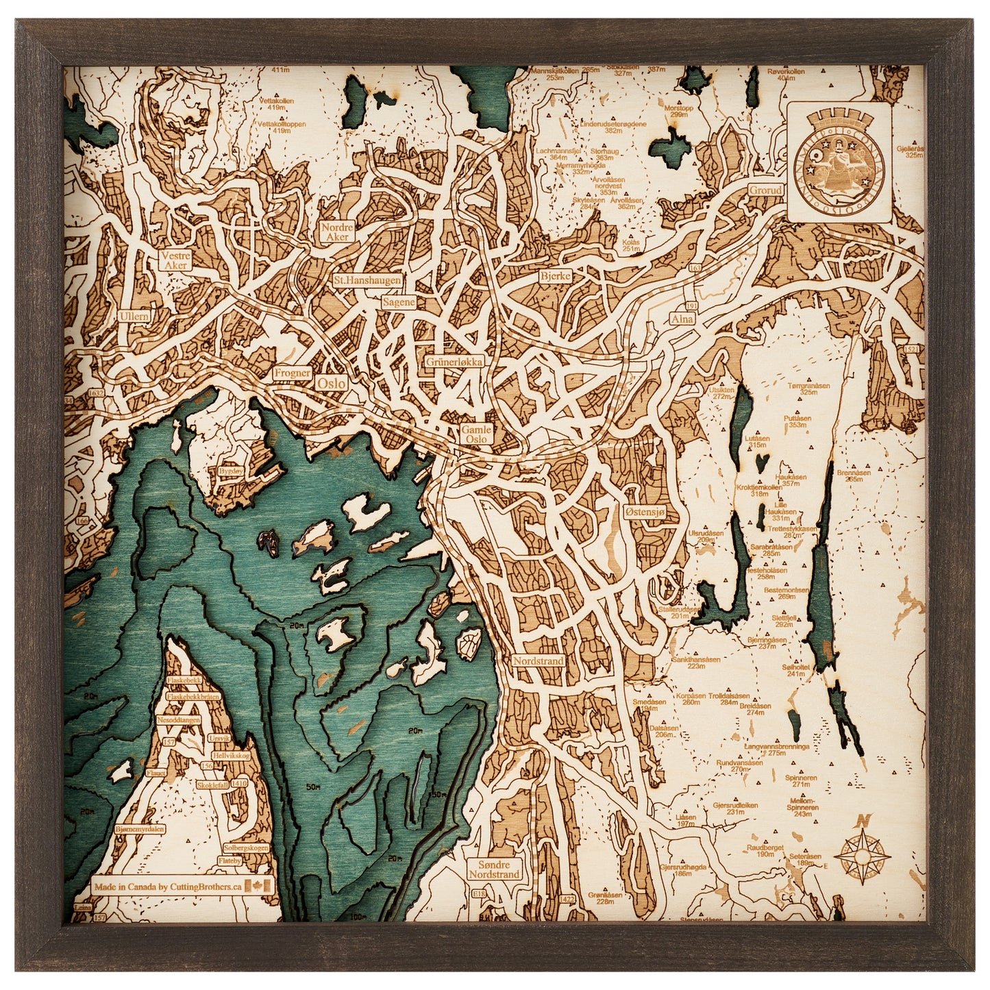 Oslo | 3D-Holzkarte aus Holz von Cutting Brothers als Wandbild