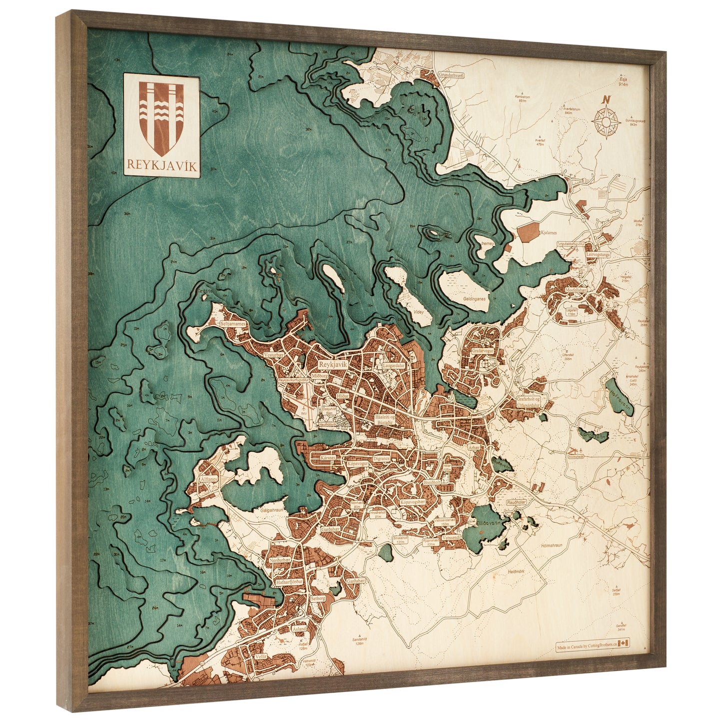Reykjavik | 3D-Holzkarte aus Holz von Cutting Brothers als Wandbild