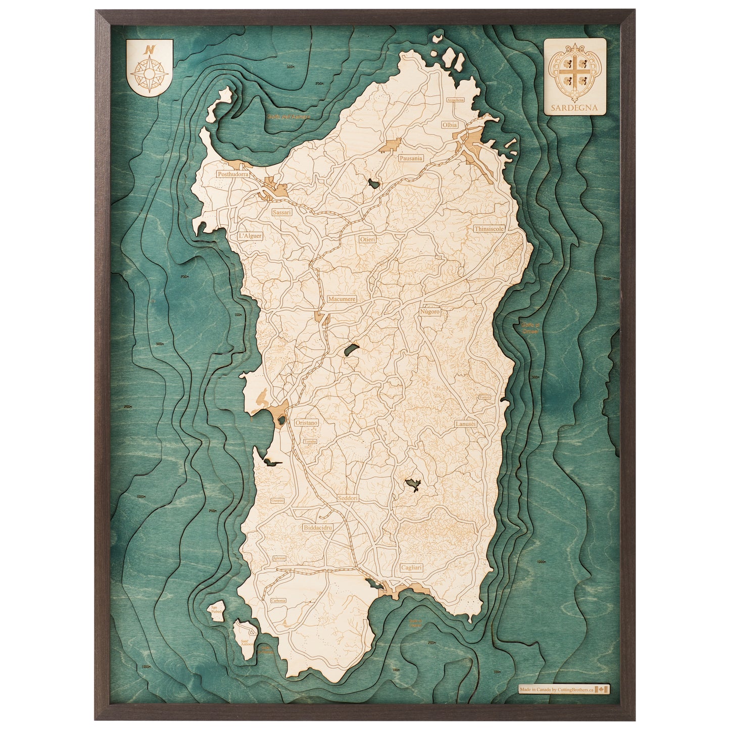 Sardinien | 3D-Holzkarte aus Holz von Cutting Brothers als Wandbild