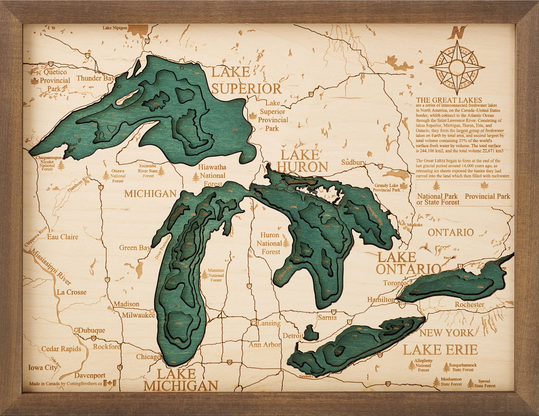 Große Seen | 3D-Holzkarte aus Holz von Cutting Brothers als Wandbild