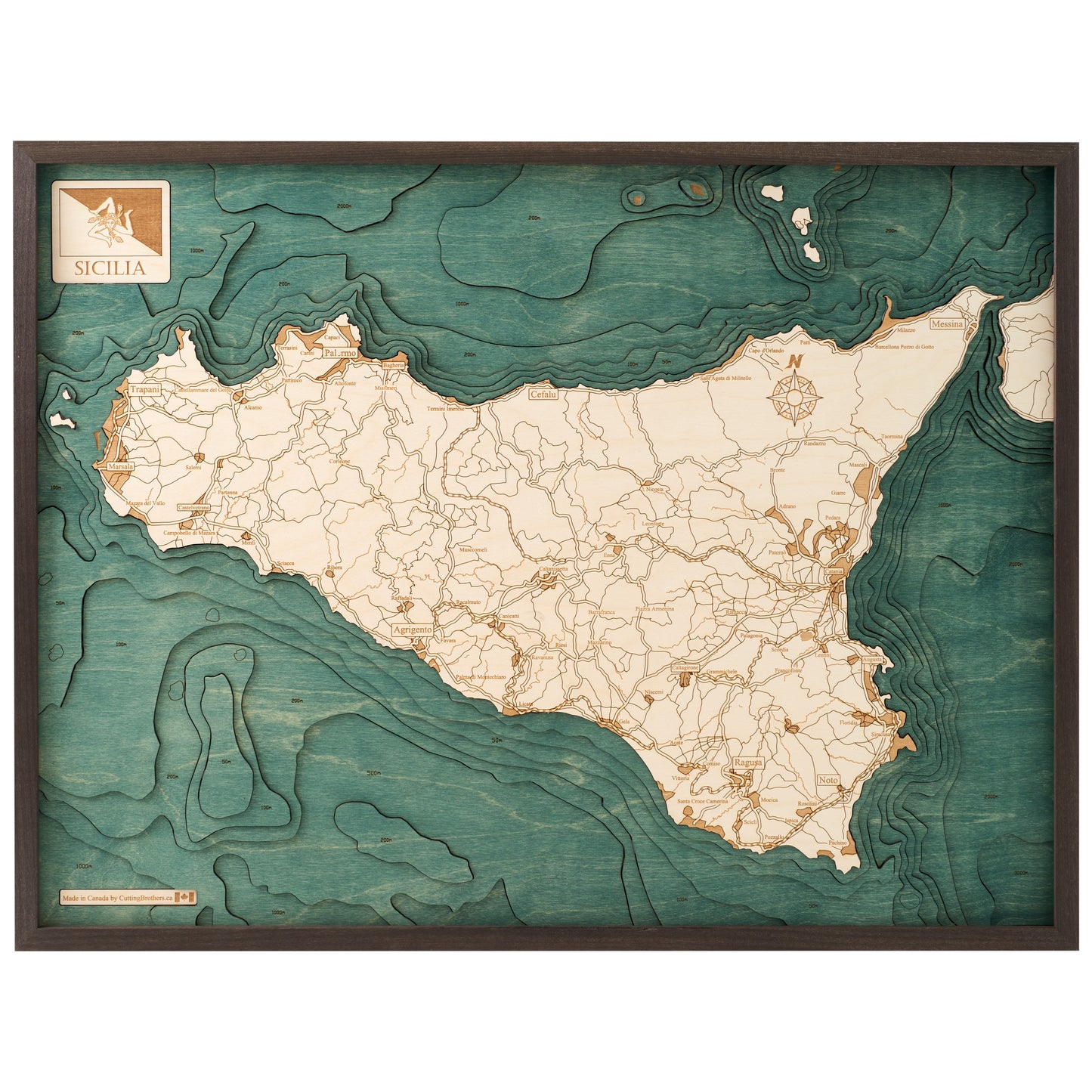 Sizilien | 3D-Holzkarte aus Holz von Cutting Brothers als Wandbild