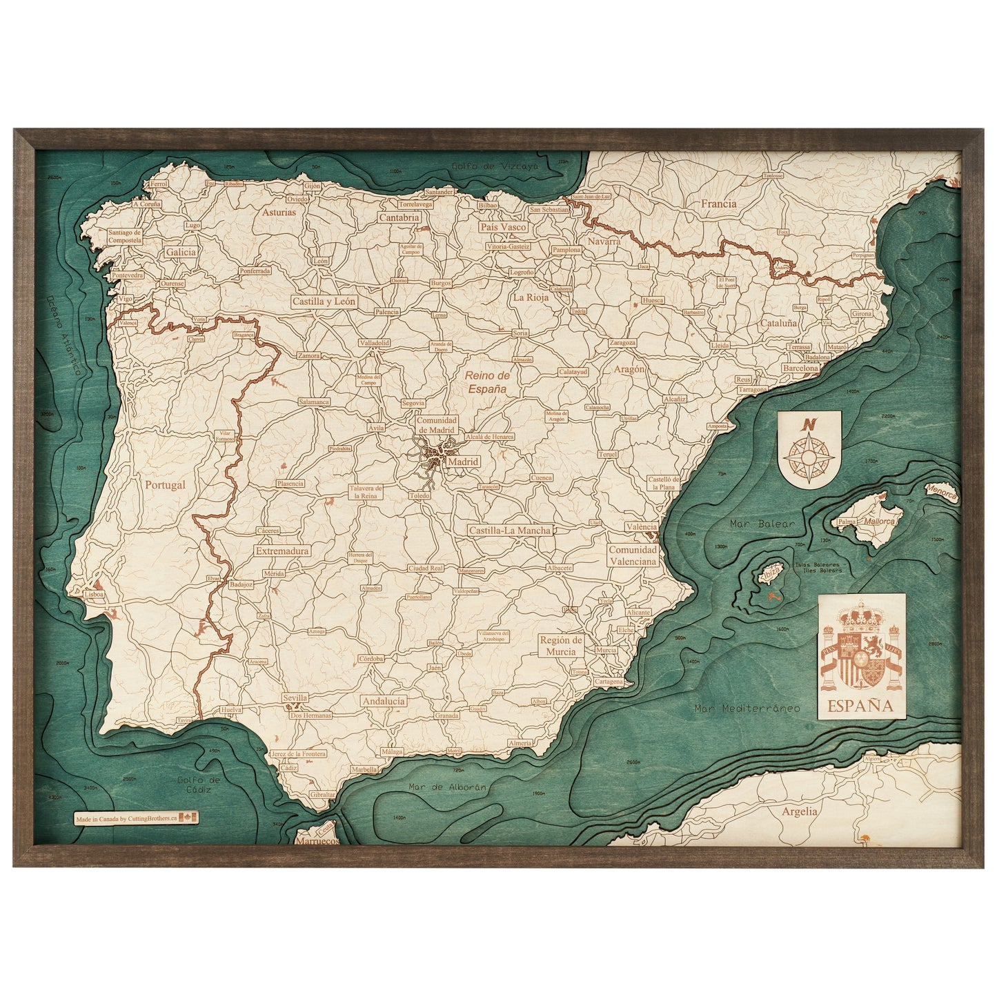 Spanien | 3D-Holzkarte aus Holz von Cutting Brothers als Wandbild
