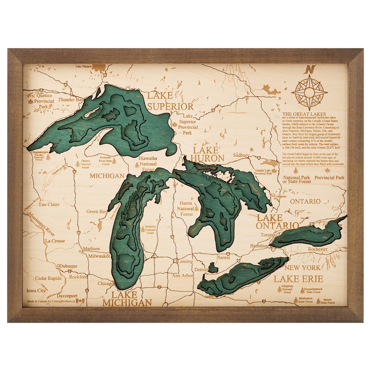 Große Seen | 3D-Holzkarte aus Holz von Cutting Brothers als Wandbild