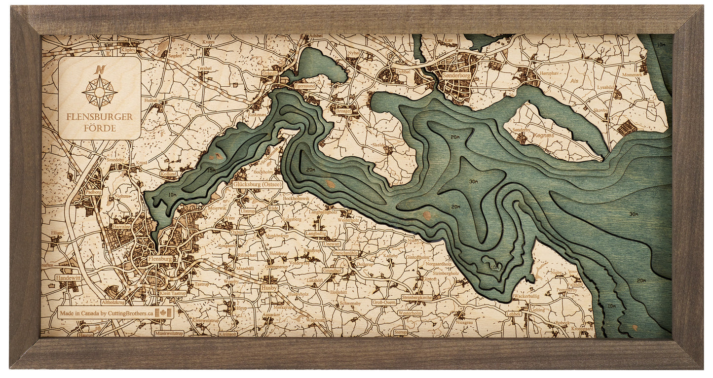 Flensburger Förde | 3D-Holzkarte aus Holz von Cutting Brothers als Wandbild