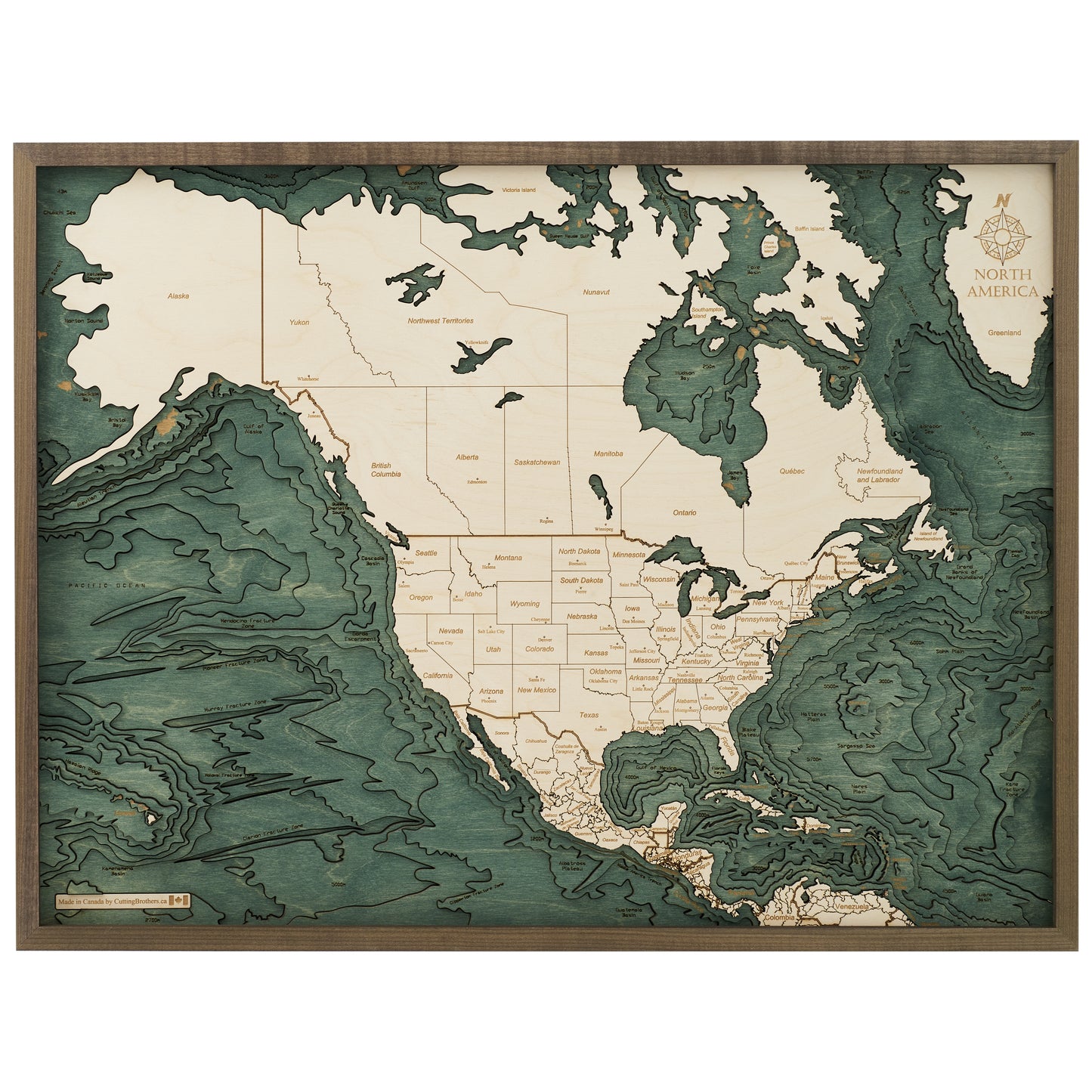 Nordamerika | 3D-Holzkarte aus Holz von Cutting Brothers als Wandbild