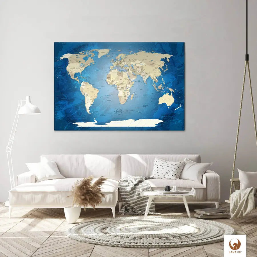 Blue Ocean | Weltkarte als Pinnwand von Lana KK - WELTKARTEN24