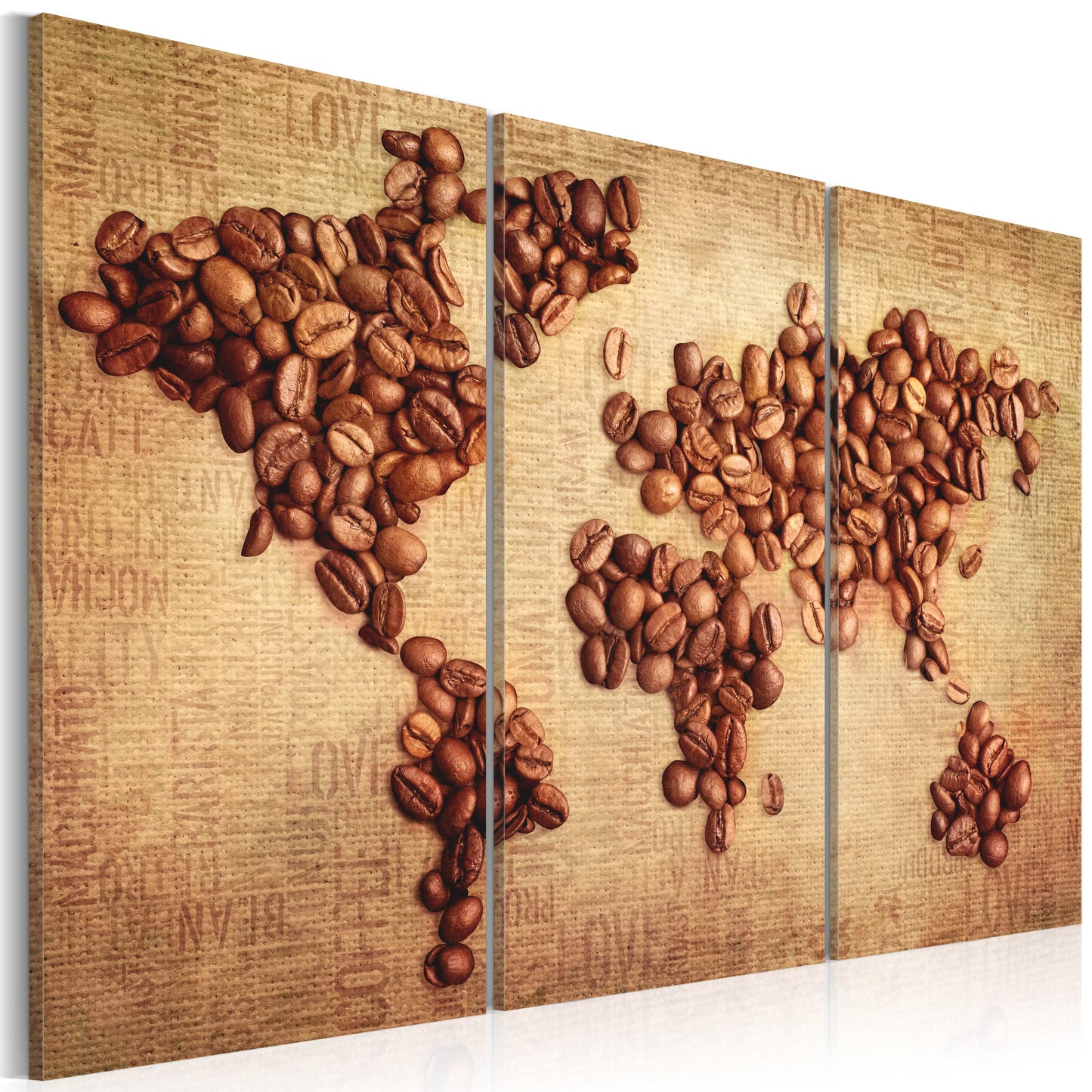 Weltkarte als Leinwandbild - Wandbild - Kaffee aus der ganzen Welt - Triptychon
