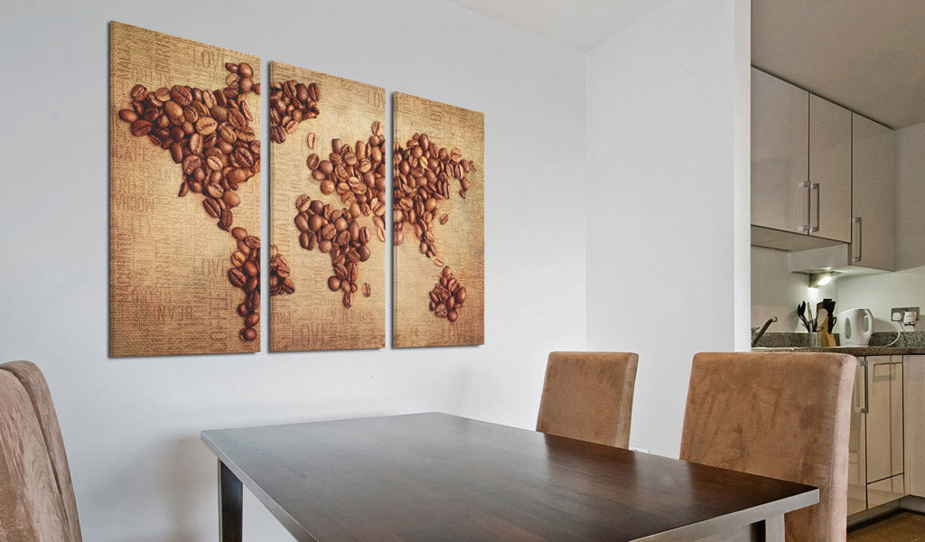 Weltkarte als Leinwandbild - Wandbild - Kaffee aus der ganzen Welt - Triptychon