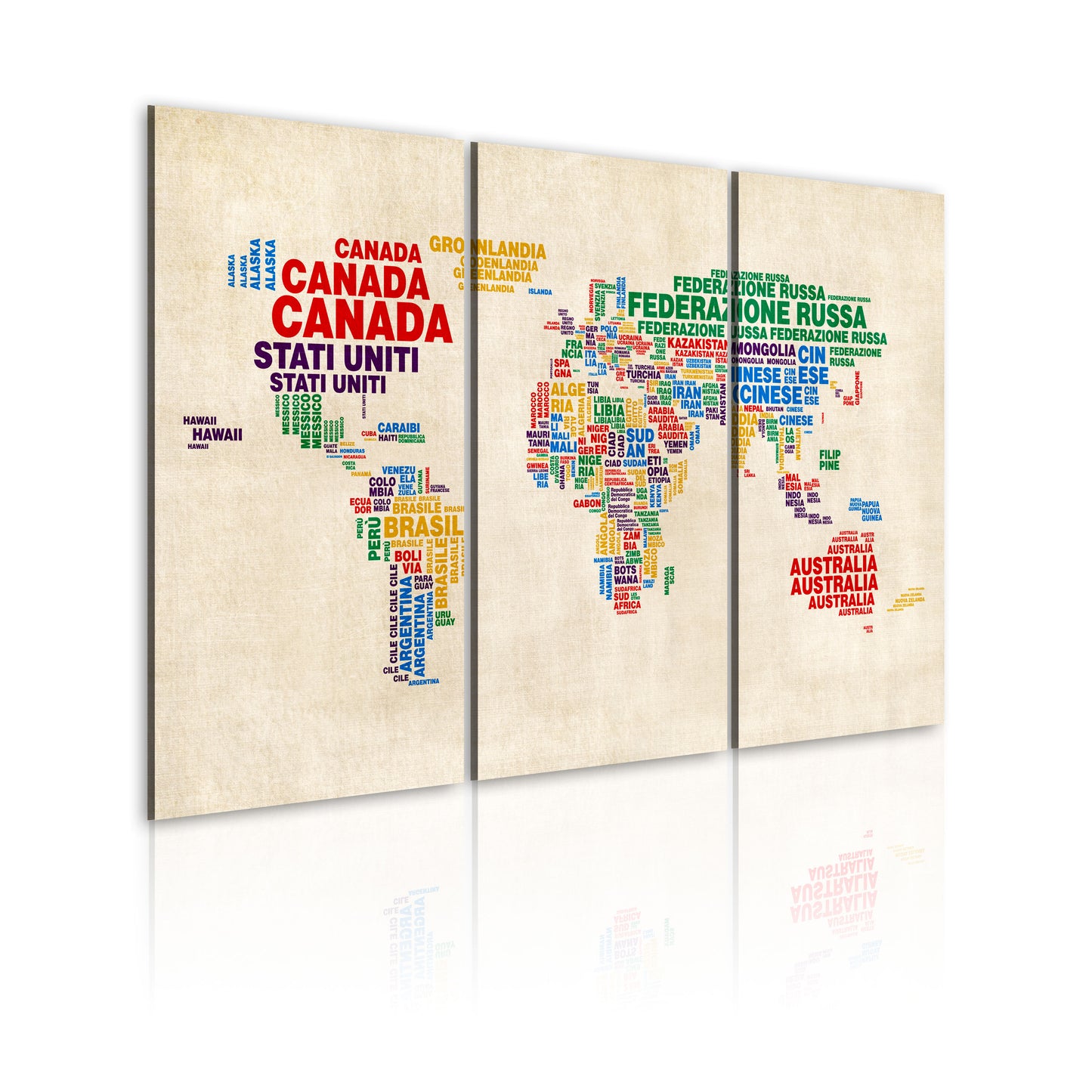 Weltkarte als Leinwandbild - Wandbild - Italienische Ländernamen in lebendigen Farben - Triptychon