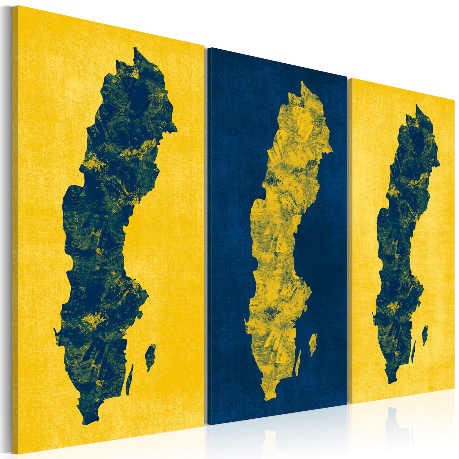 Weltkarte als Leinwandbild - Wandbild - Gemalte Landkarte von Schweden - Triptychon