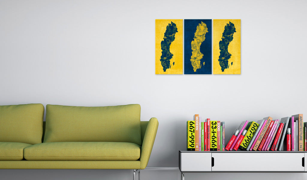 Weltkarte als Leinwandbild - Wandbild - Gemalte Landkarte von Schweden - Triptychon