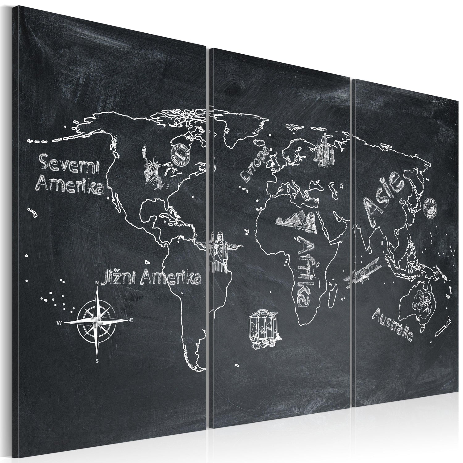 Weltkarte als Leinwandbild - Wandbild - Erdkundeunterricht (in tschechischer Sprache) - Triptychon