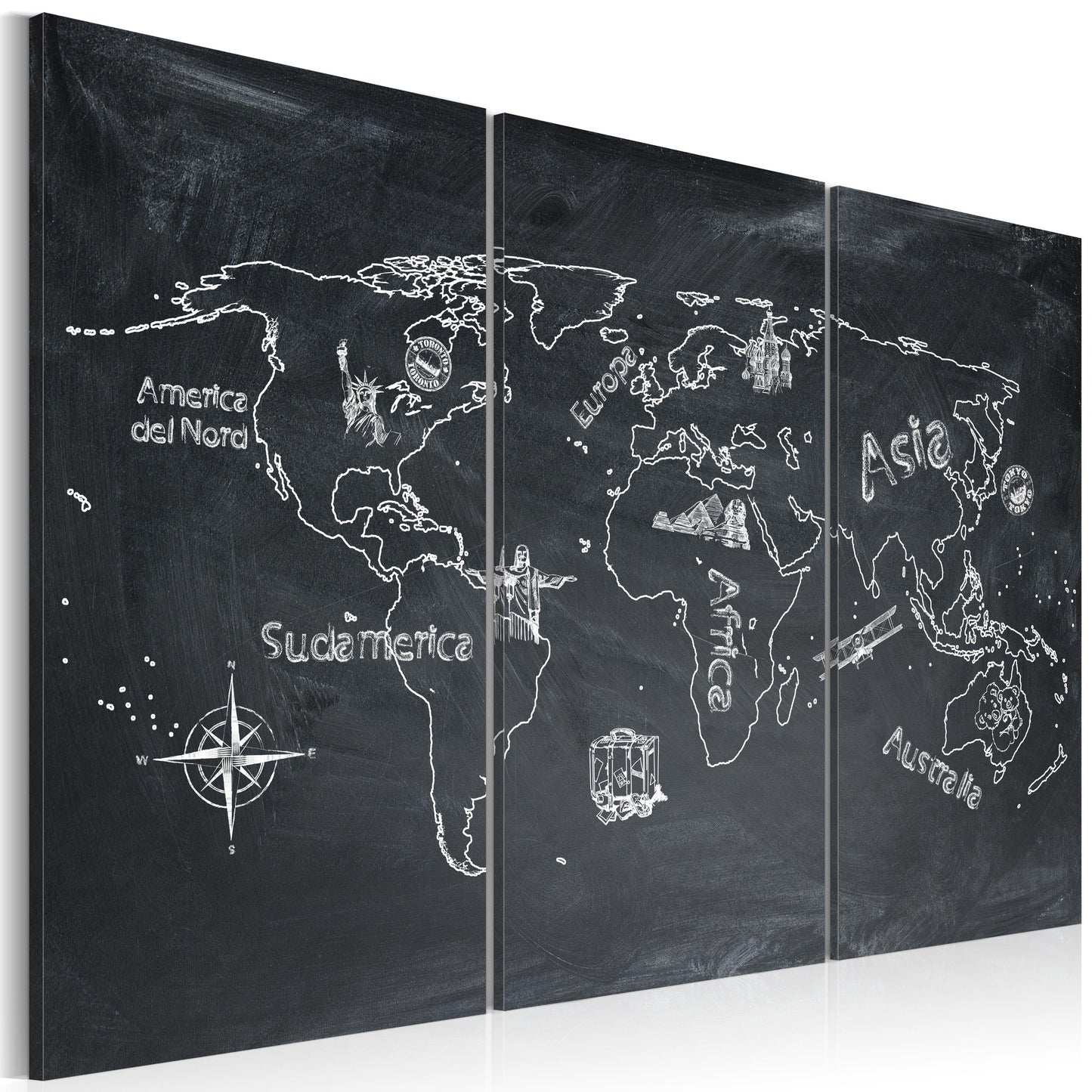 Weltkarte als Leinwandbild - Wandbild - Erdkundeunterricht (in italienischer Sprache) - Triptychon