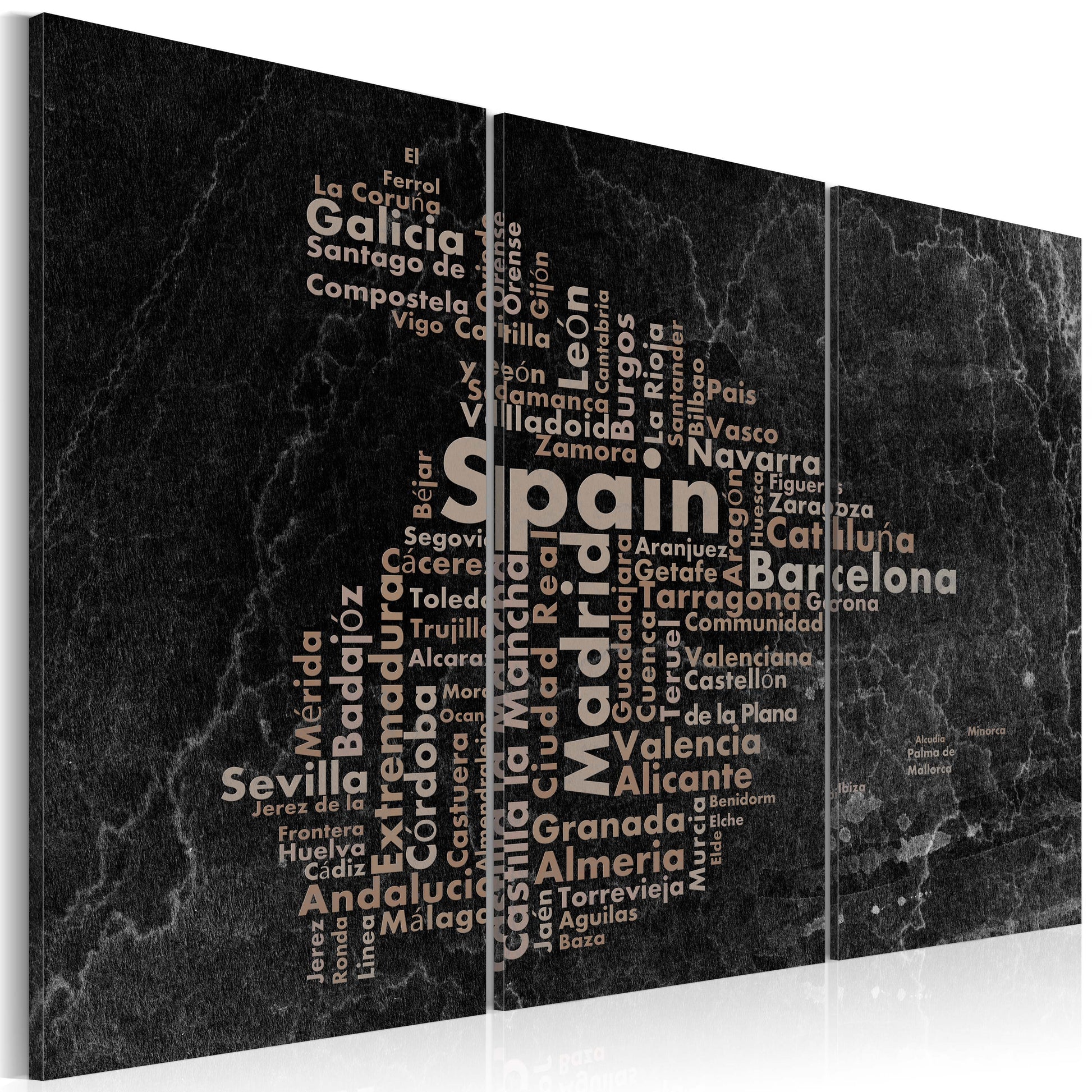 Weltkarte als Leinwandbild - Wandbild - Text map of Spain on the blackboard - triptych