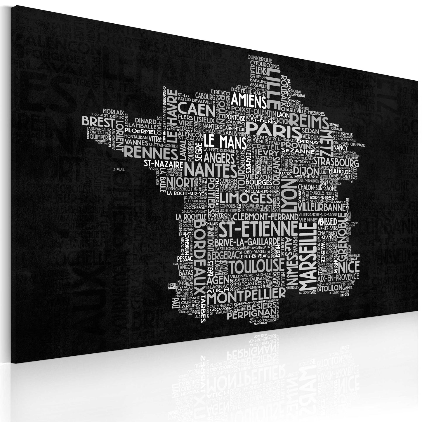 Weltkarte als Leinwandbild - Wandbild - Text map of France on the black background