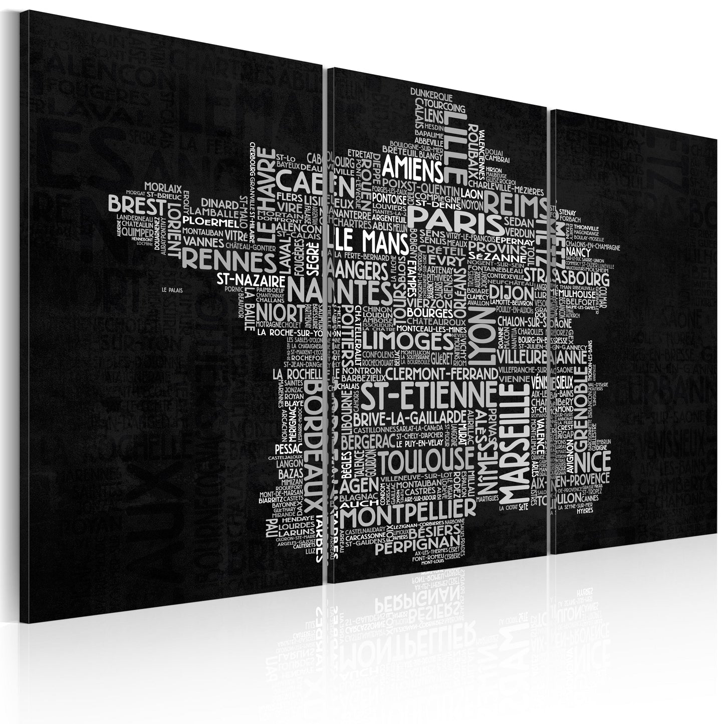 Weltkarte als Leinwandbild - Wandbild - Text map of France on the black background - triptych