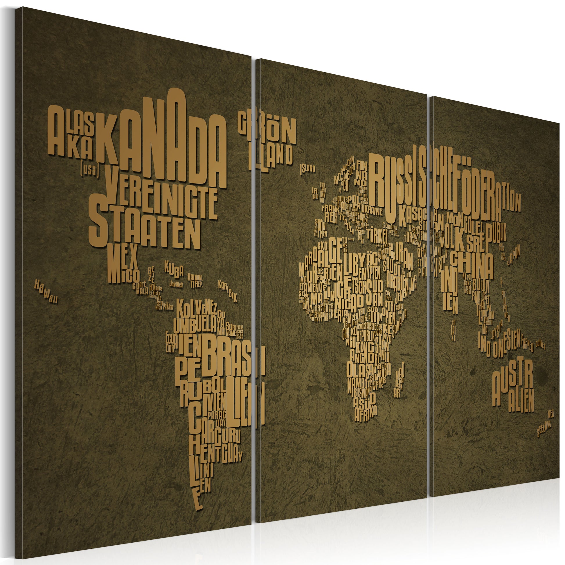 Weltkarte als Leinwandbild - Wandbild - Weltkarte, deutsche Sprache: beige Kontinente - Triptychon