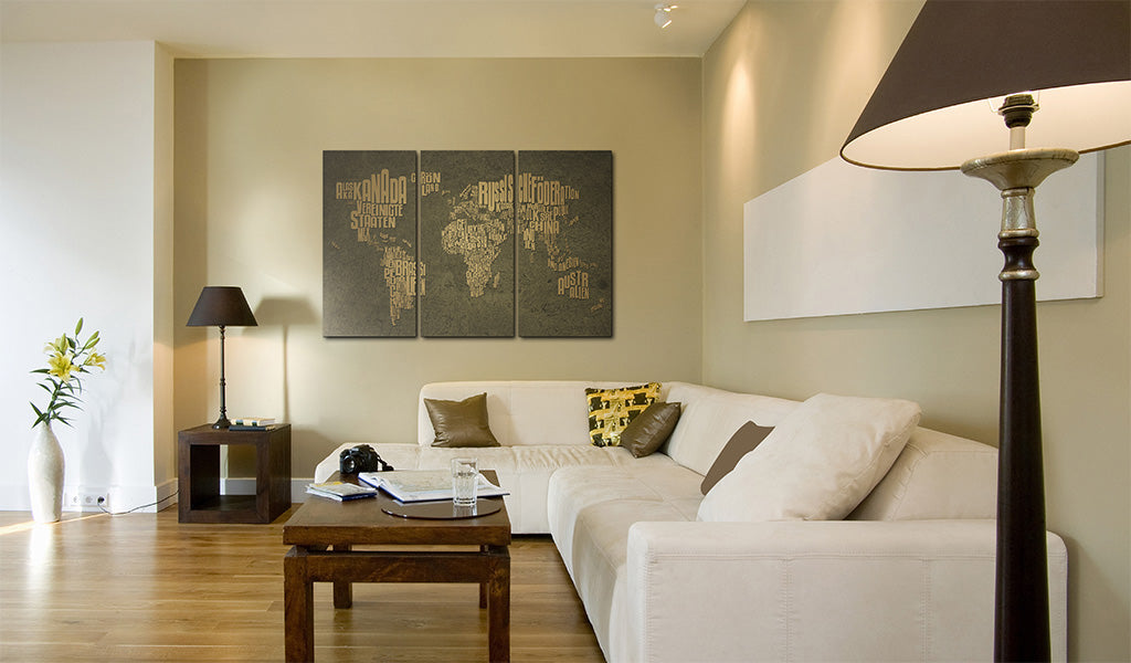 Weltkarte als Leinwandbild - Wandbild - Weltkarte, deutsche Sprache: beige Kontinente - Triptychon