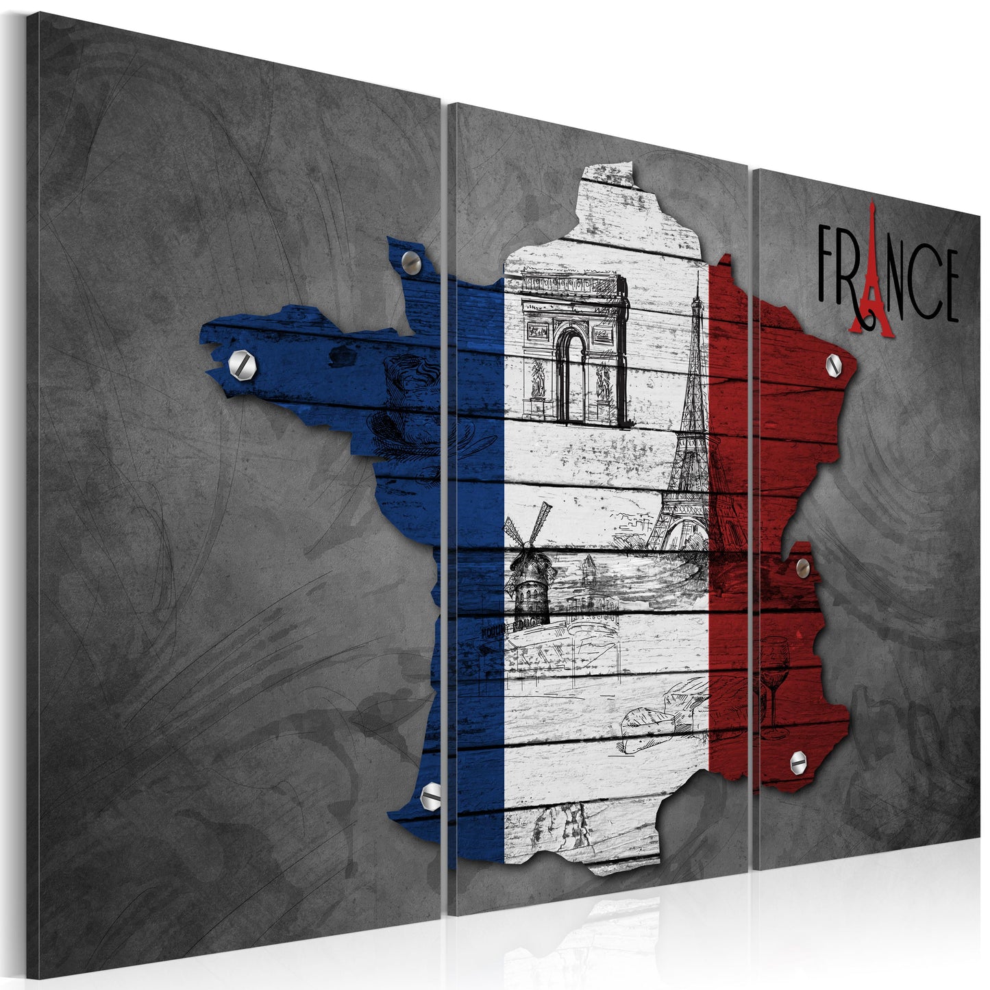 Weltkarte als Leinwandbild - Wandbild - Symbole von Frankreich - Triptychon